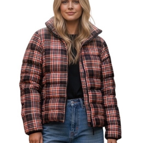 Eddie Bauer CirrusLite Down Jacket Womens Medium Red Black Plaid Puffer 650 Fill - Picture 2 of 12